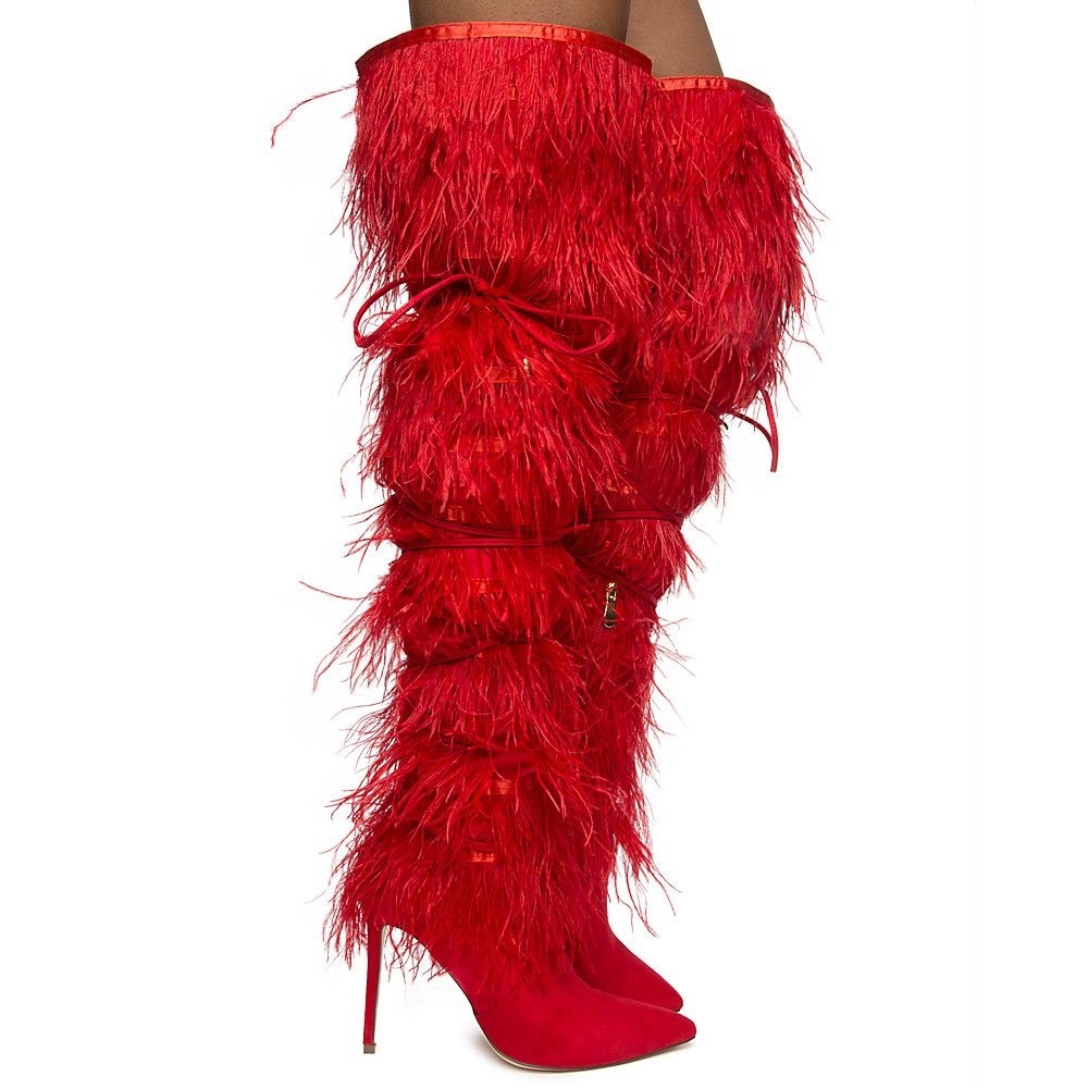Red knee high feather boots